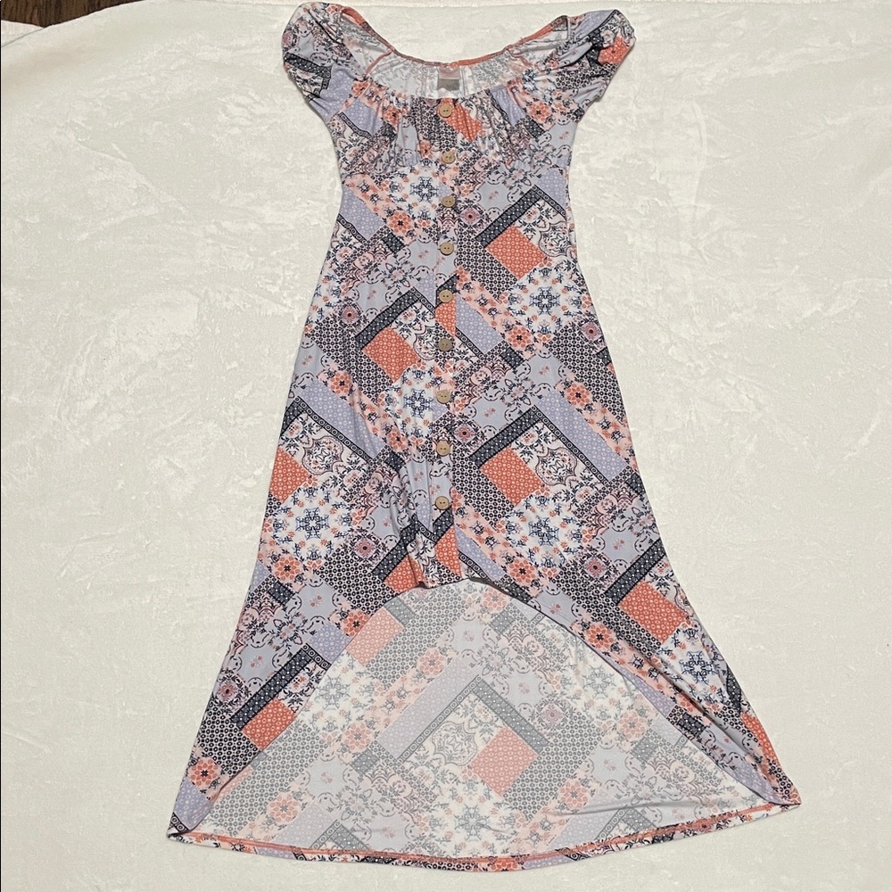No Boundaries Floral Patchwork Off-Shoulder Hi Low Dress